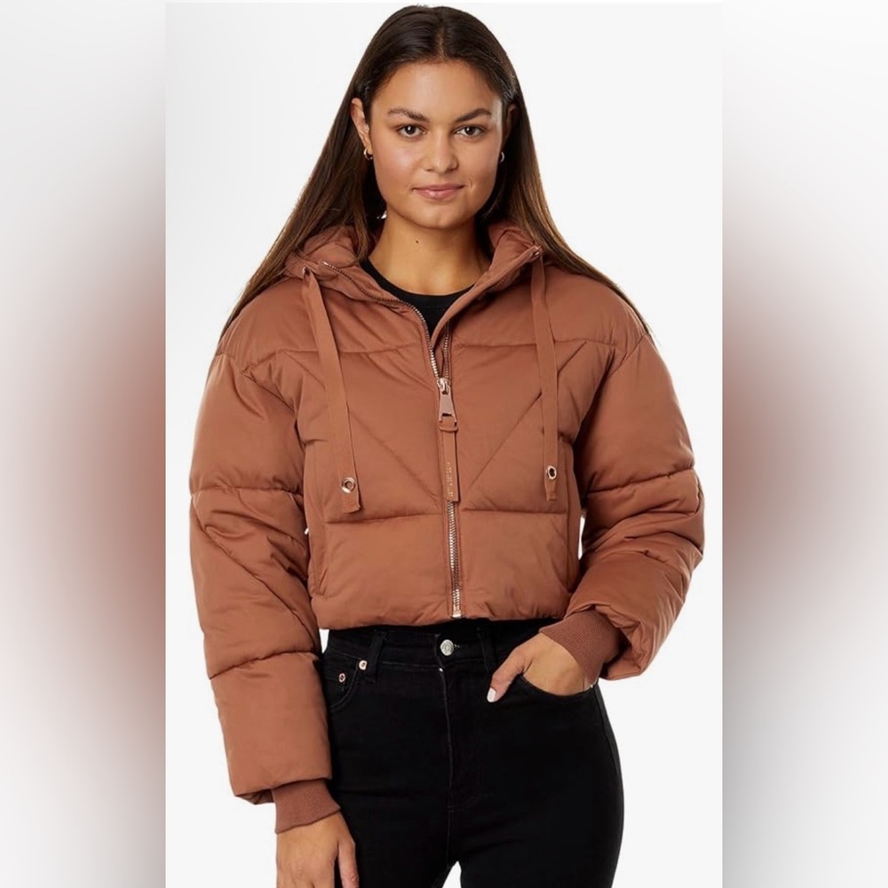 Avec Les Filles Cropped Brown Hooded Puffer Jacket